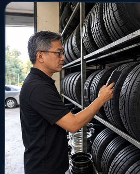 Chinese workshop owner checking tyre stock