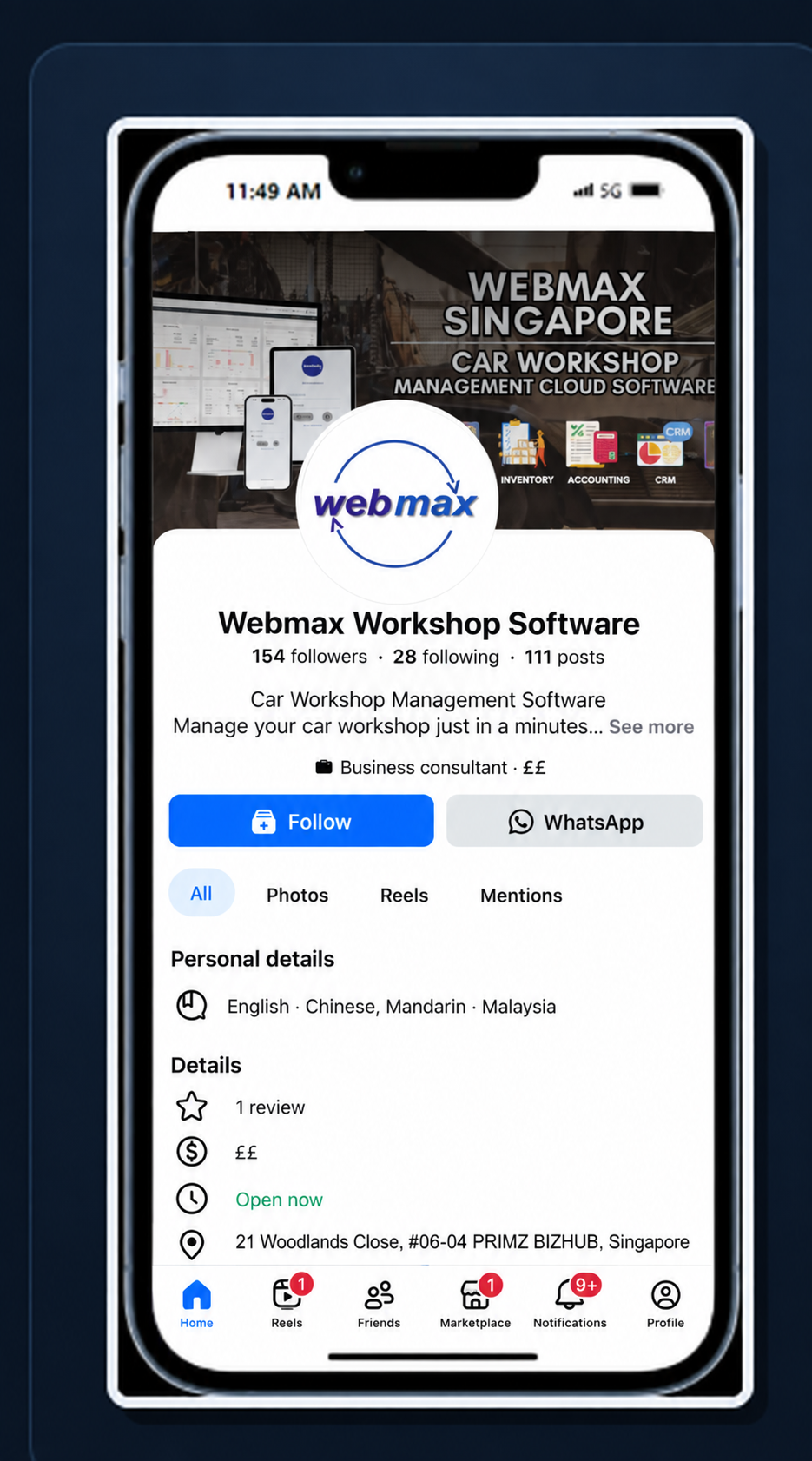 Webmax Singapore Facebook page shown inside a phone
