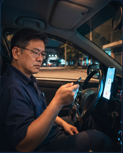 Chinese workshop owner driving back to answer a workshop question