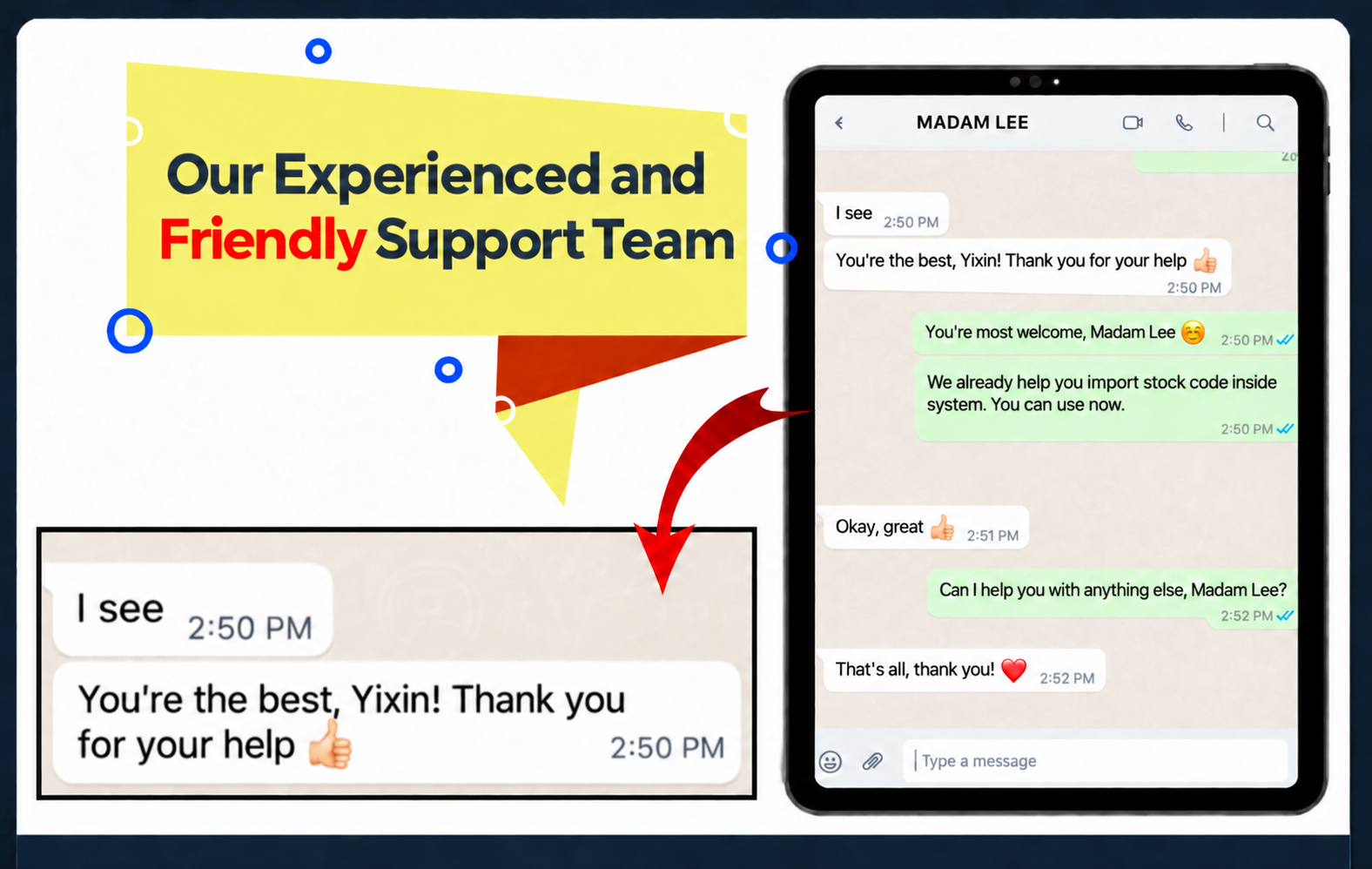 Madam Lee praising Yixin from the Webmax support team